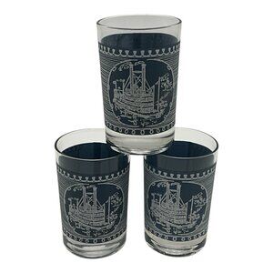 Royal China Currier & Ives Blue and White Juice Glasses with Steamboat Graphics